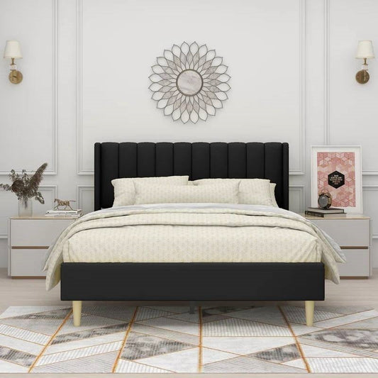 Queen size Mid-Century Black Linen Platform Bed Frame with Upholstered Headboard by FastFurnishings