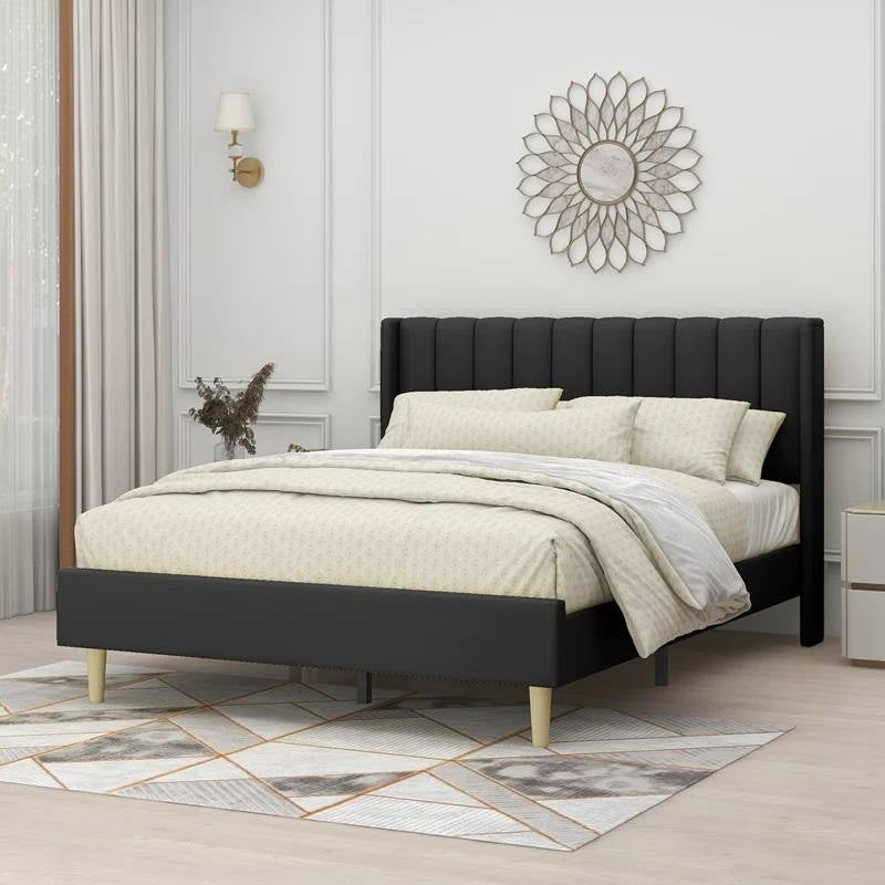 Queen size Mid-Century Black Linen Platform Bed Frame with Upholstered Headboard by FastFurnishings