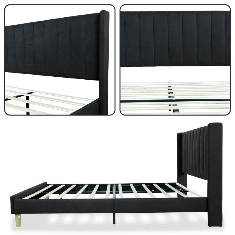 Queen size Mid-Century Black Linen Platform Bed Frame with Upholstered Headboard by FastFurnishings