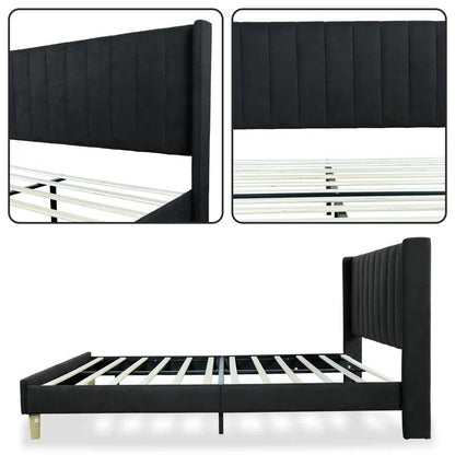 Queen size Mid-Century Black Linen Platform Bed Frame with Upholstered Headboard by FastFurnishings