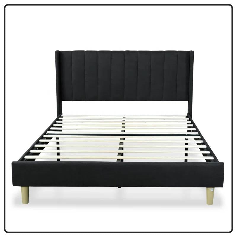 Queen size Mid-Century Black Linen Platform Bed Frame with Upholstered Headboard by FastFurnishings