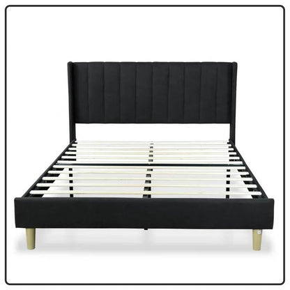 Queen size Mid-Century Black Linen Platform Bed Frame with Upholstered Headboard by FastFurnishings