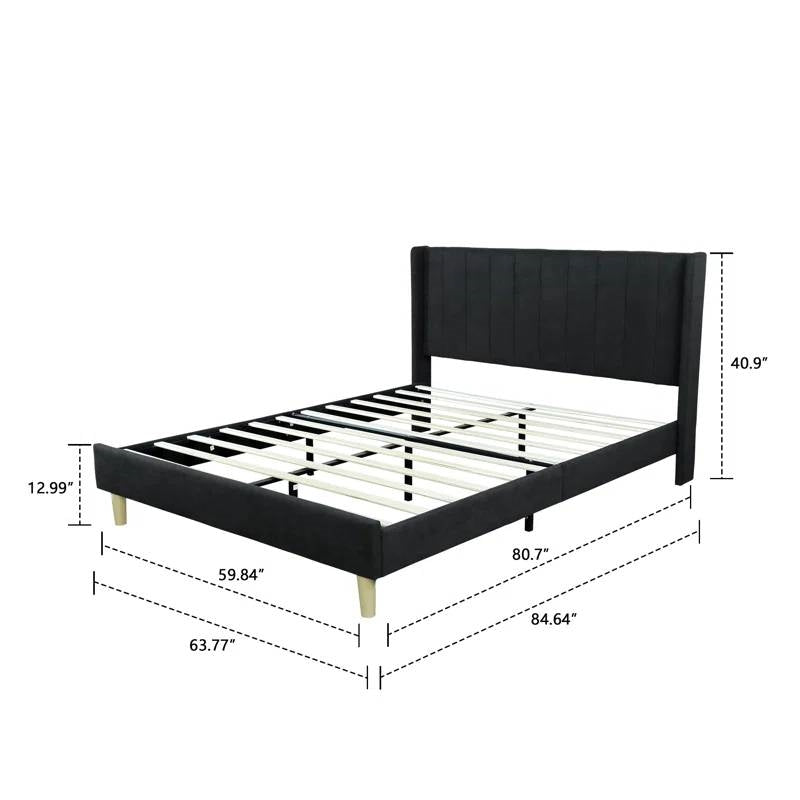 Queen size Mid-Century Black Linen Platform Bed Frame with Upholstered Headboard by FastFurnishings