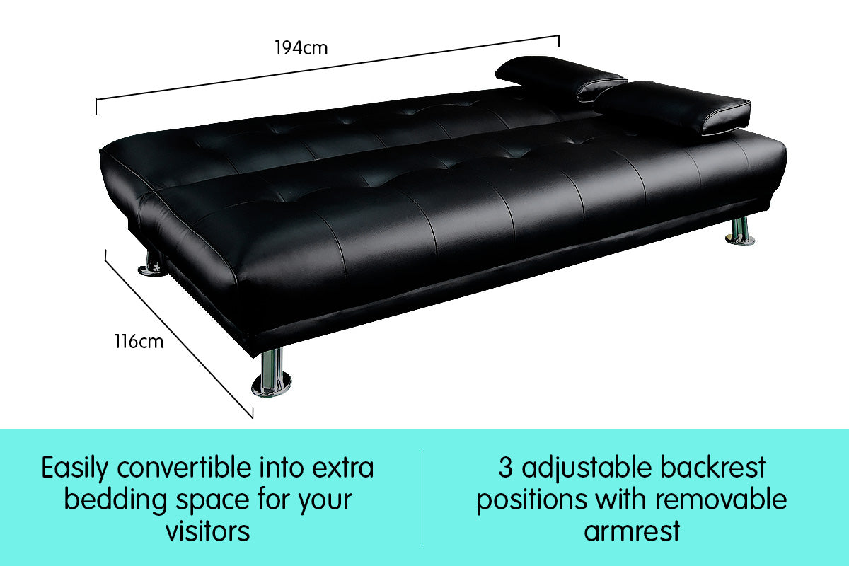 NNEDPE Sarantino 3 Seater Faux Leather Sofa Bed Couch Lounge Futon - Black by NNEDPE