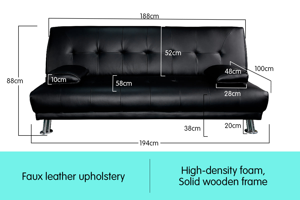 NNEDPE Sarantino 3 Seater Faux Leather Sofa Bed Couch Lounge Futon - Black by NNEDPE