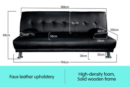 NNEDPE Sarantino 3 Seater Faux Leather Sofa Bed Couch Lounge Futon - Black by NNEDPE