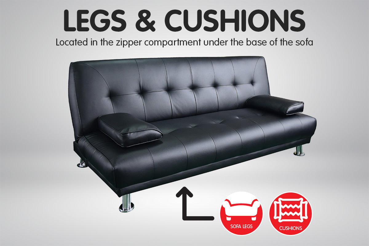NNEDPE Sarantino 3 Seater Faux Leather Sofa Bed Couch Lounge Futon - Black by NNEDPE