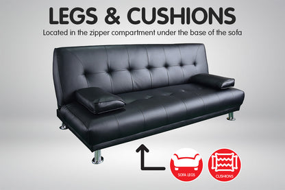 NNEDPE Sarantino 3 Seater Faux Leather Sofa Bed Couch Lounge Futon - Black by NNEDPE