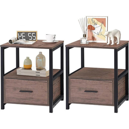 Set of 2 - Modern Metal Wood Side End Table Nightstand with Storage Drawer by FastFurnishings