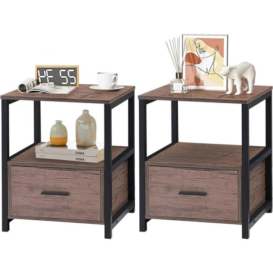Set of 2 - Modern Metal Wood Side End Table Nightstand with Storage Drawer by FastFurnishings