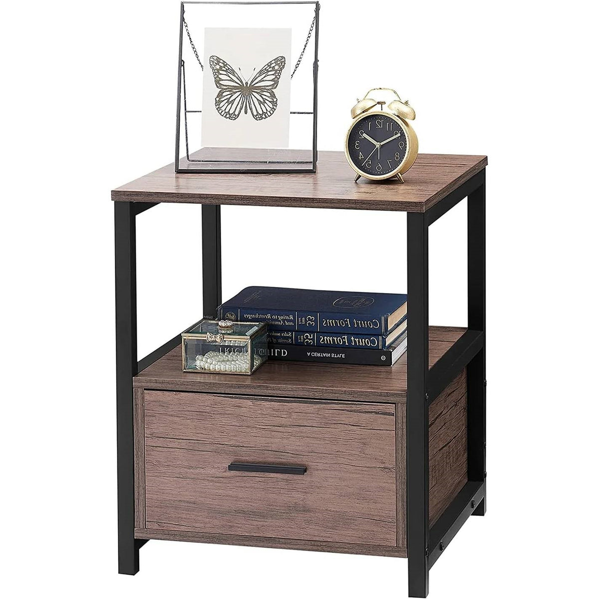 Set of 2 - Modern Metal Wood Side End Table Nightstand with Storage Drawer by FastFurnishings