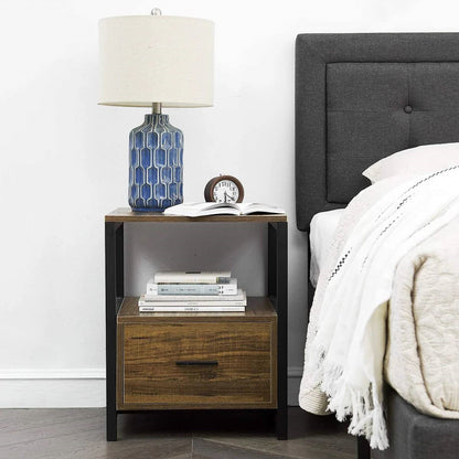 Set of 2 - Modern Metal Wood Side End Table Nightstand with Storage Drawer by FastFurnishings