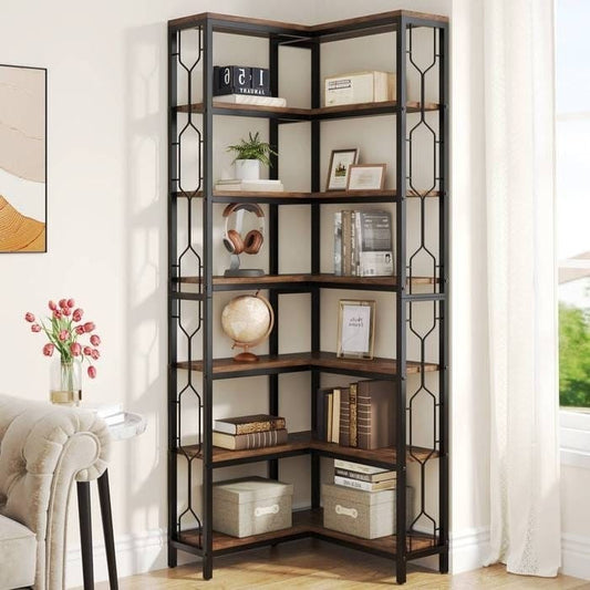 Industrial 7-Tier Metal/Wood Corner Bookcase in Black/Brown by SataTrade-U.S LLC