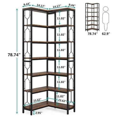 Industrial 7-Tier Metal/Wood Corner Bookcase in Black/Brown by SataTrade-U.S LLC