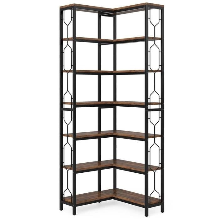 Industrial 7-Tier Metal/Wood Corner Bookcase in Black/Brown by SataTrade-U.S LLC