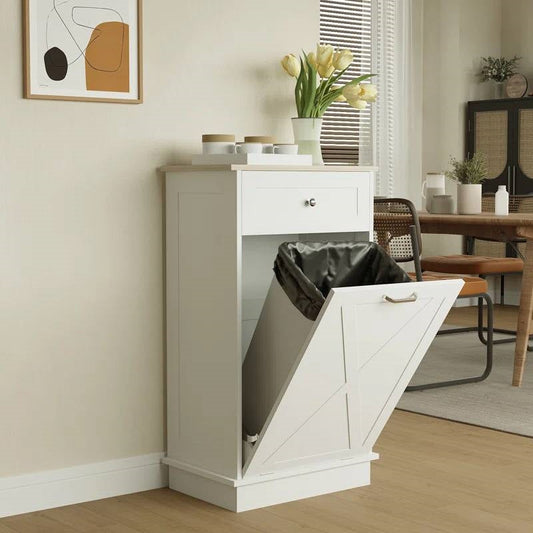 Trash Can Cabinet in White Wood Finish - Accommodates 10-Gallon Trash Bin by FastFurnishings