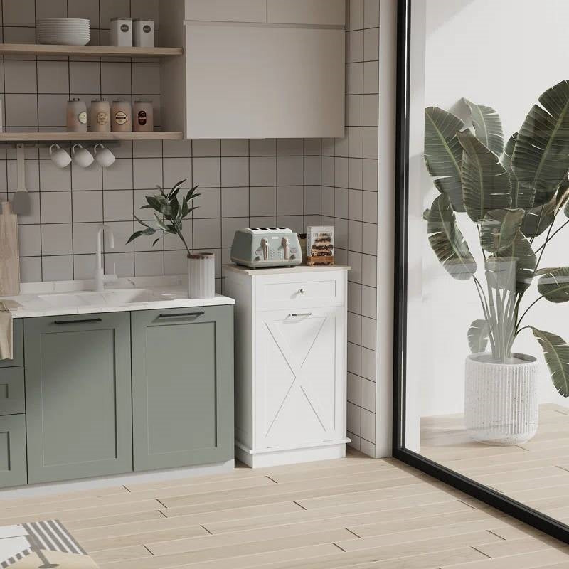 Trash Can Cabinet in White Wood Finish - Accommodates 10-Gallon Trash Bin by FastFurnishings