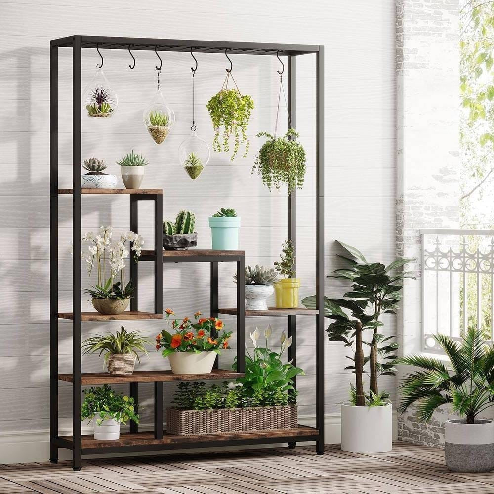Modern Industrial Heavy Duty Metal Wood Plant Stand with 10 Hanging Hooks by SataTrade-U.S LLC