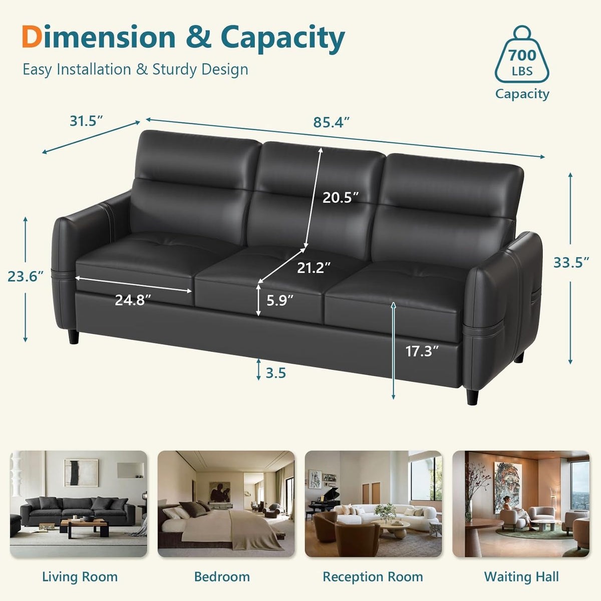 85Inch Black Faux Leather Executive Sofa USB Charging Ports by ShipItFurniture
