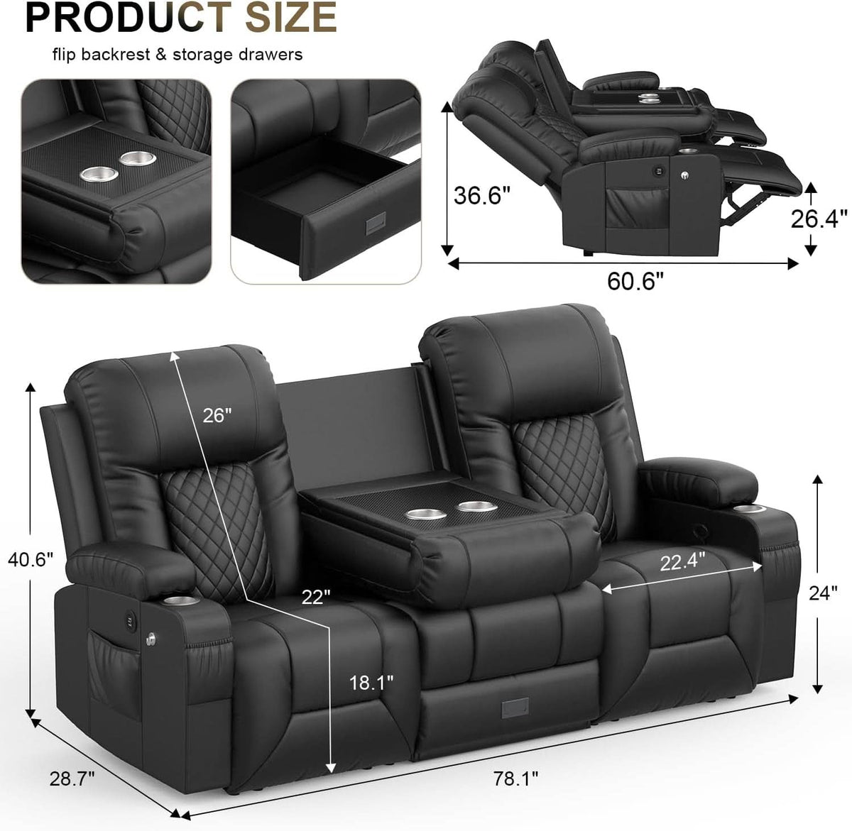 Three Seat Recliner Sofa With Flip Backrest And USB Ports by ShipItFurniture