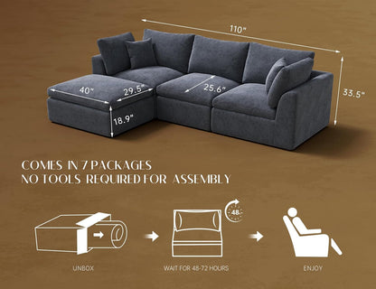 110 Inch Cloud Convertible Sectional Sofa Grey Fabric by ShipItFurniture
