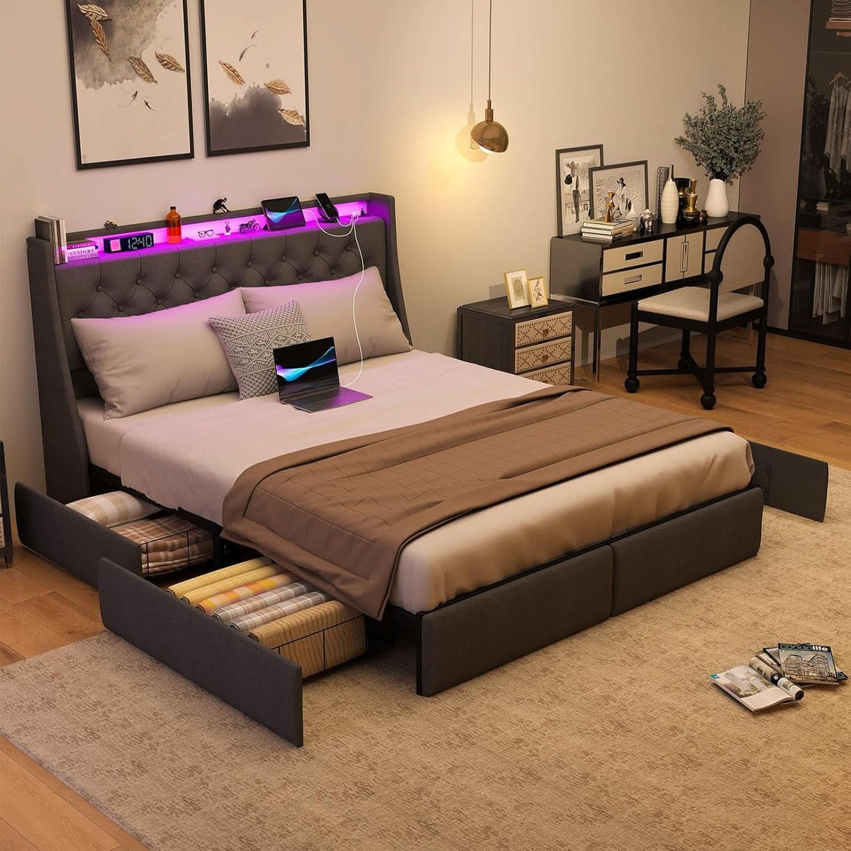 Queen Bed Frame With Storage Headboard LED Lighting by ShipItFurniture