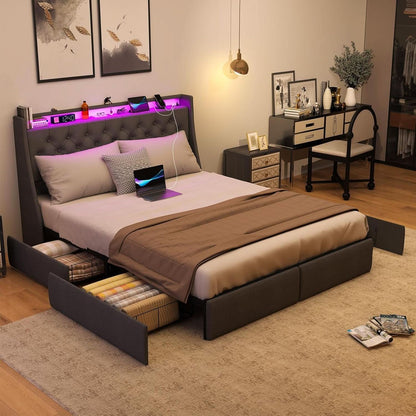 Queen Bed Frame With Storage Headboard LED Lighting by ShipItFurniture