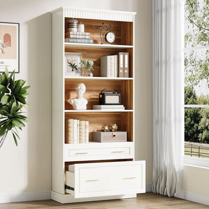 White Freestanding 72 Inch Bookcase With File Cabinet by ShipItFurniture