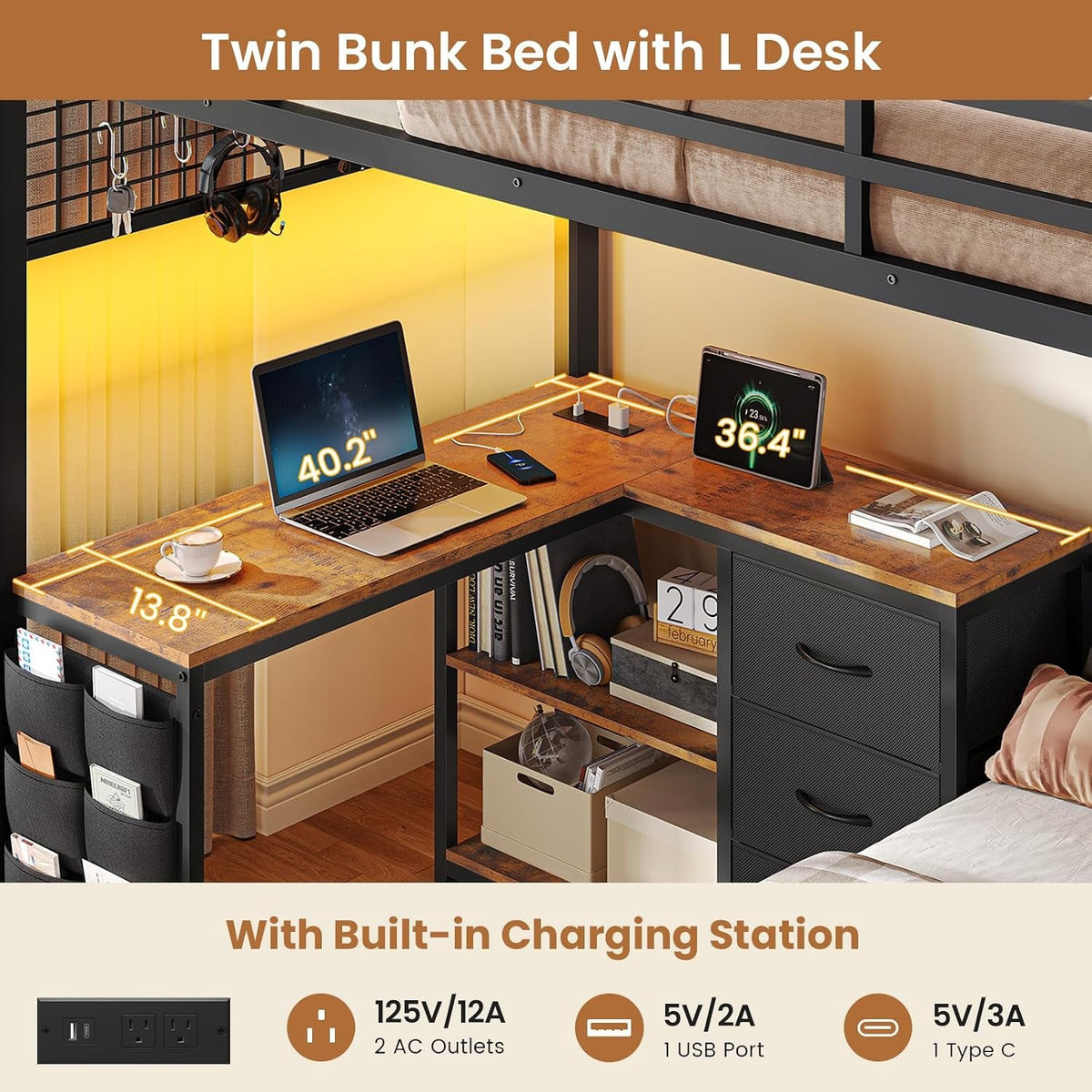Black Twin Over Twin Bunk Bed Space Saving Storage Solution by ShipItFurniture