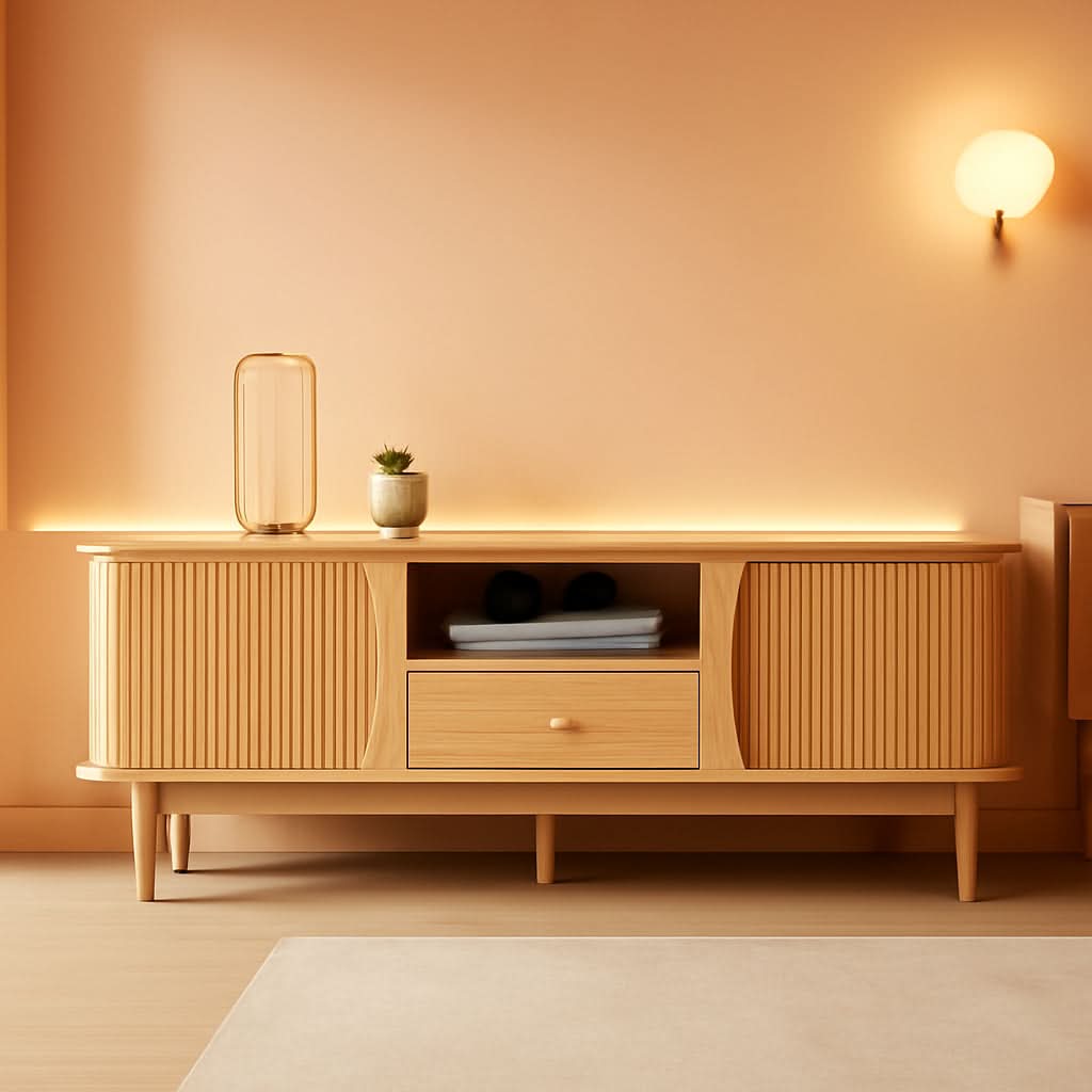 Natural Finish Entertainment Console With Sliding Door by ShipItFurniture