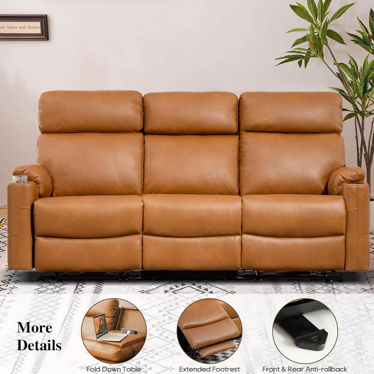 Power Three Seat Recliner Sofa With USB Ports Brown Finish by ShipItFurniture