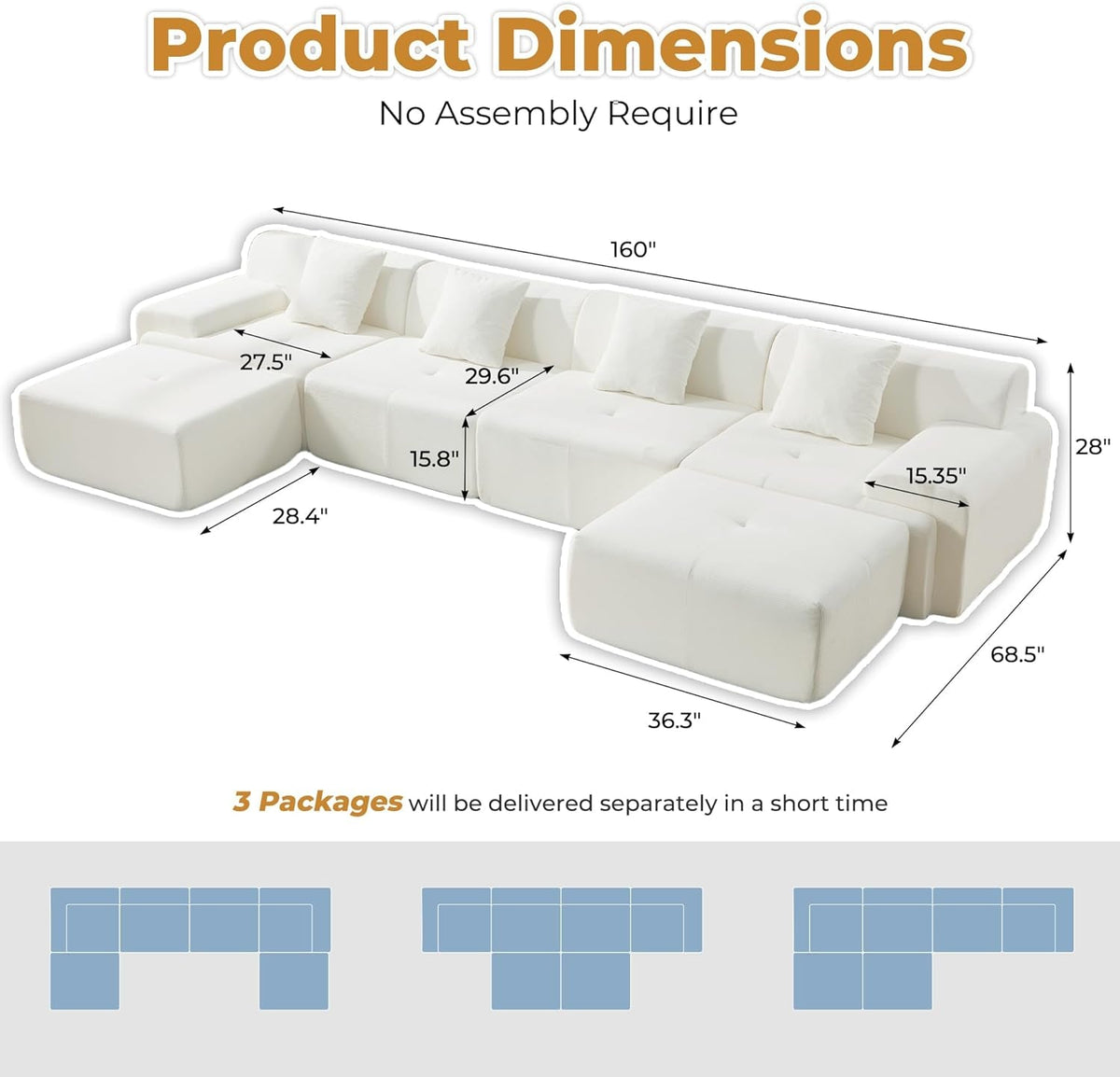160 Inch White Corduroy Modular Sectional Sofa Set by ShipItFurniture