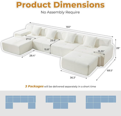 160 Inch White Corduroy Modular Sectional Sofa Set by ShipItFurniture