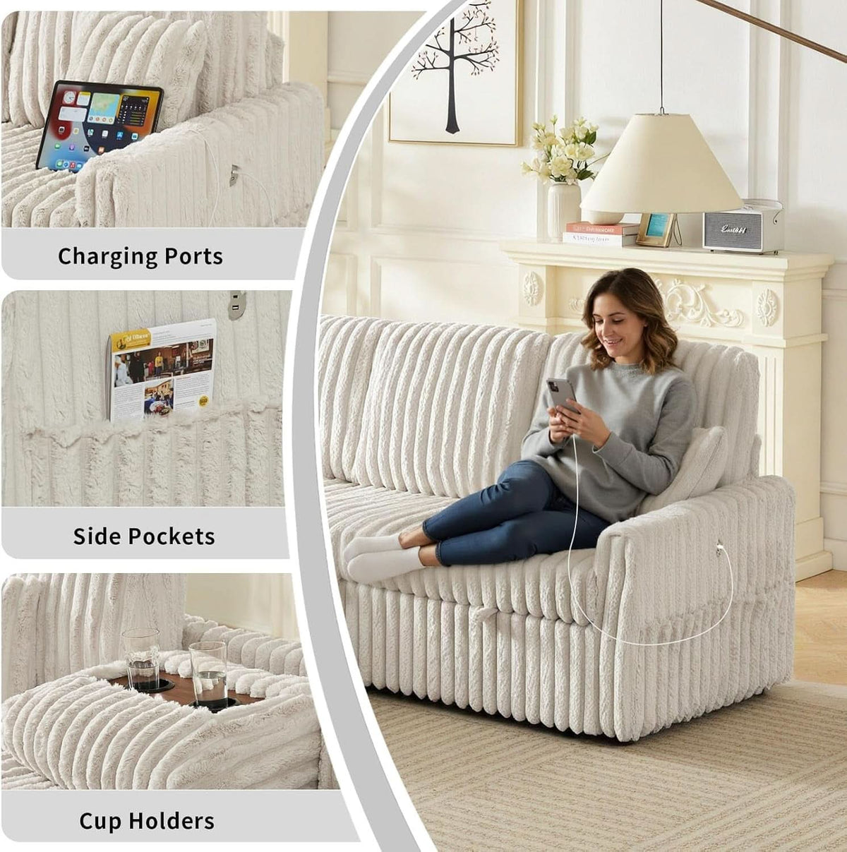 Beige 81Inch Ultra SleeperSofa With Charging Station by ShipItFurniture