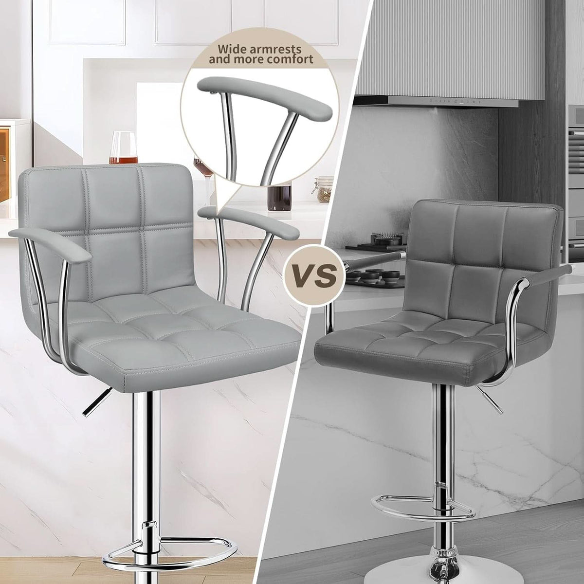 Counter Height Bar Stools Set 2 Armrest Swivel Leather Grey by ShipItFurniture