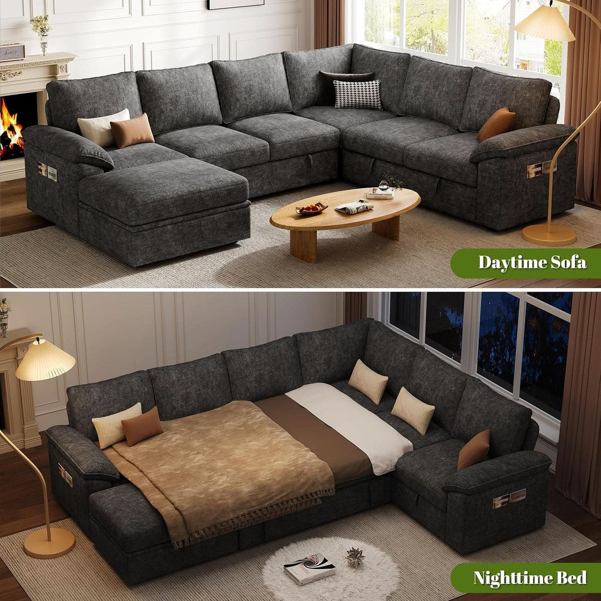 108 Inch Modular Sectional Sleeper Sofa CharcoalGrey by ShipItFurniture
