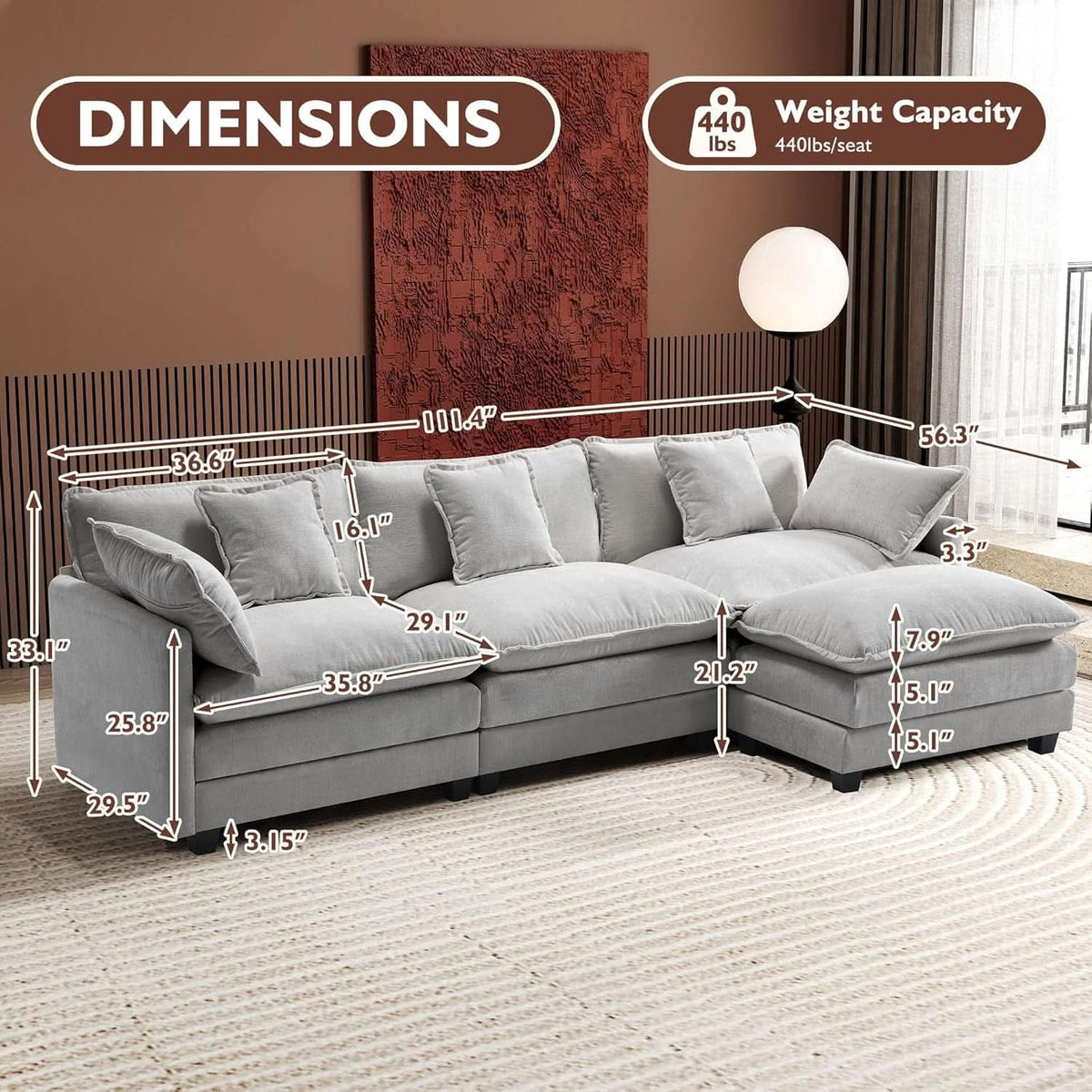 111 Inch L Shaped Modern Glam Sofa Sectional With Ottoman Cloud Foam Cushions Grey Chenille by ShipItFurniture