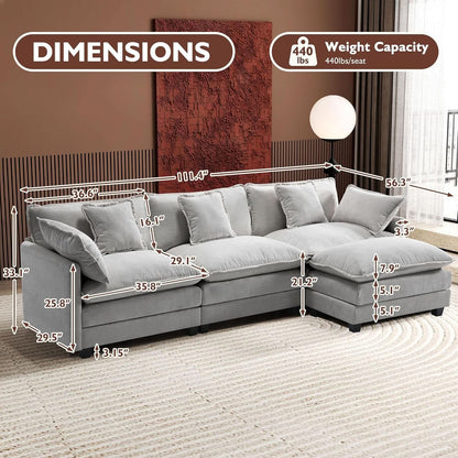 111 Inch L Shaped Modern Glam Sofa Sectional With Ottoman Cloud Foam Cushions Grey Chenille by ShipItFurniture