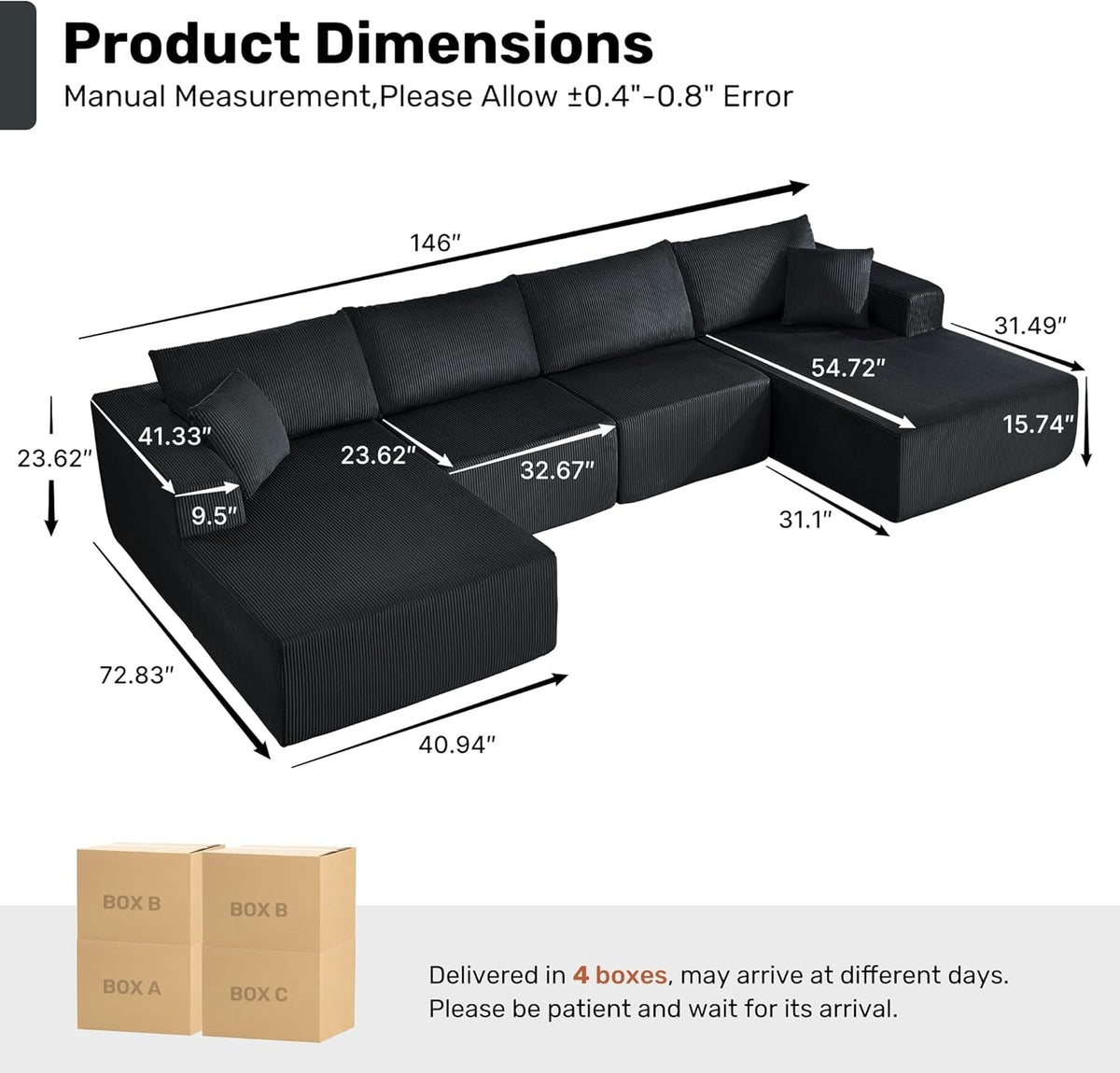 Corduroy Black UShaped 146Inch Modular Sectional Sofa by ShipItFurniture