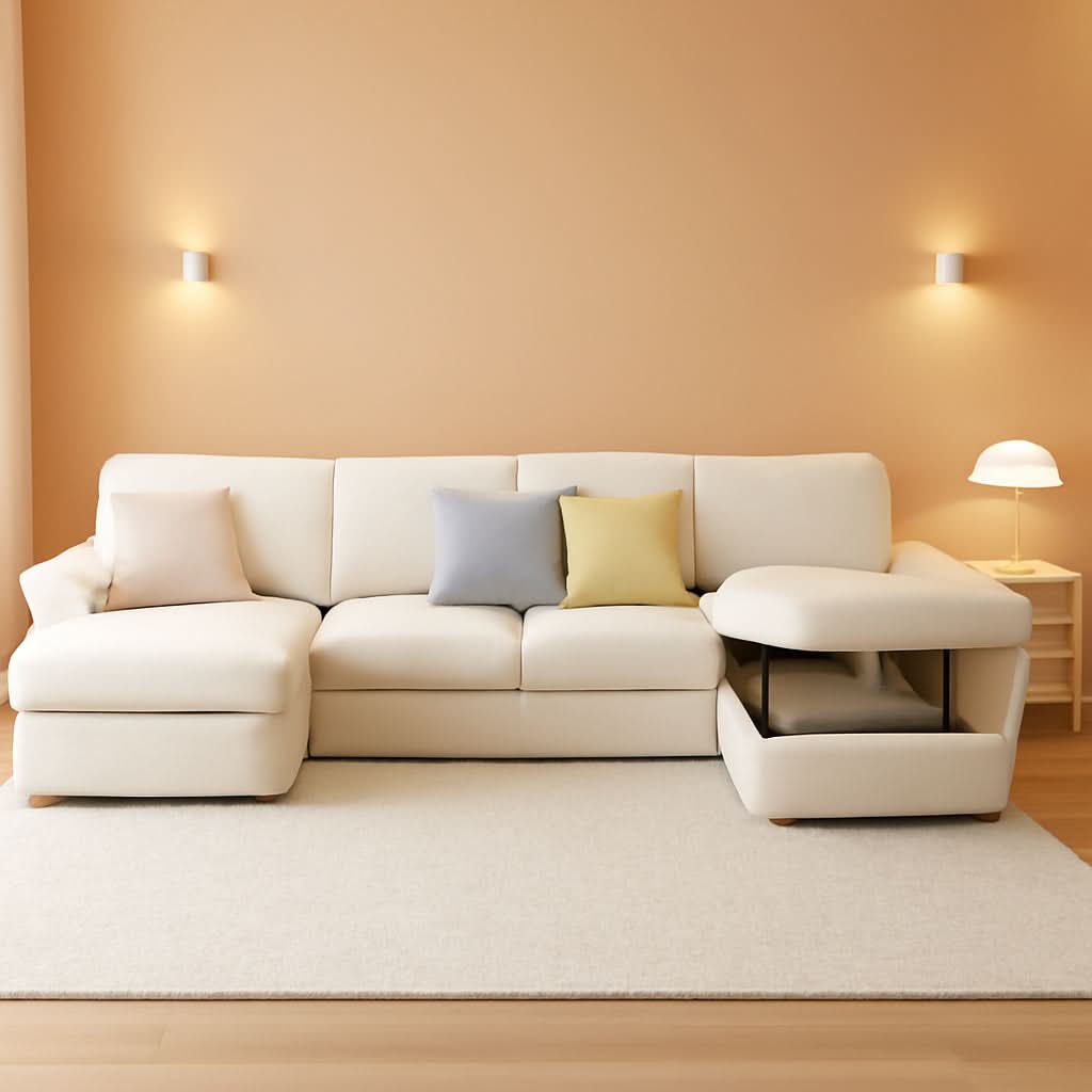 130 Inch Beige Corduroy Sectional Sofa Bed Storage Compartment by ShipItFurniture
