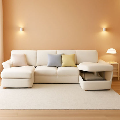 130 Inch Beige Corduroy Sectional Sofa Bed Storage Compartment by ShipItFurniture