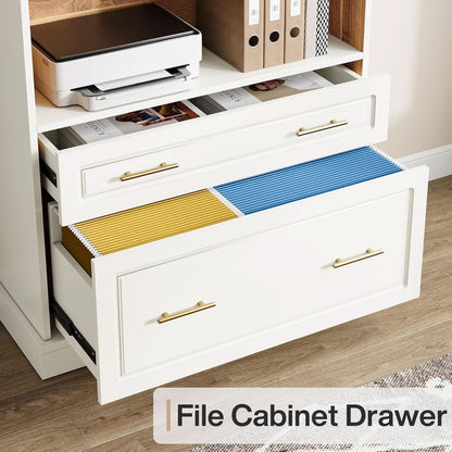 White Freestanding 72 Inch Bookcase With File Cabinet by ShipItFurniture