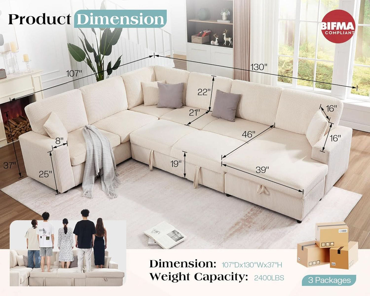 130 Inch Beige Corduroy Sectional Sofa Bed Storage Compartment by ShipItFurniture