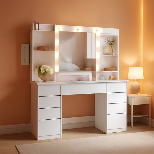 White Makeup Vanity Desk With Integrated LED Mirror by ShipItFurniture