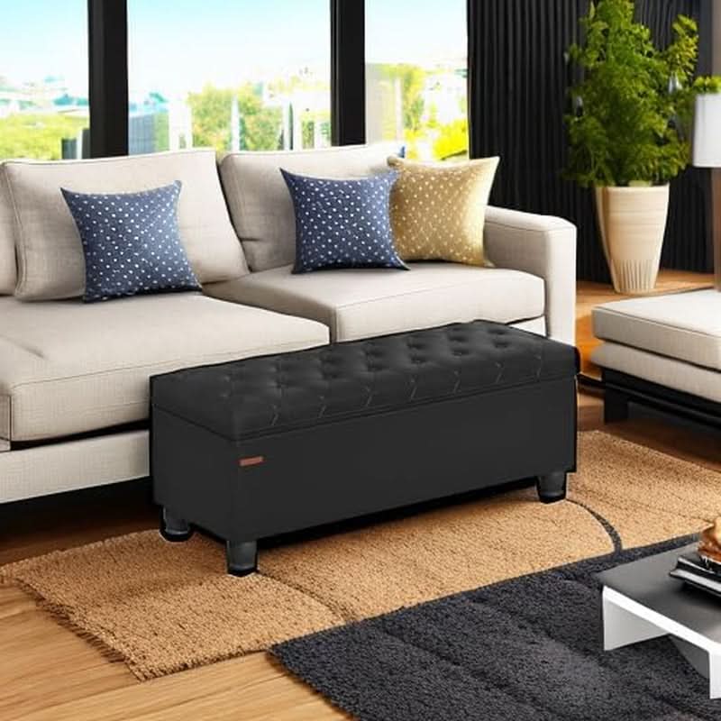 Executive Black Leather Storage Ottoman Bench 46 Inches by ShipItFurniture