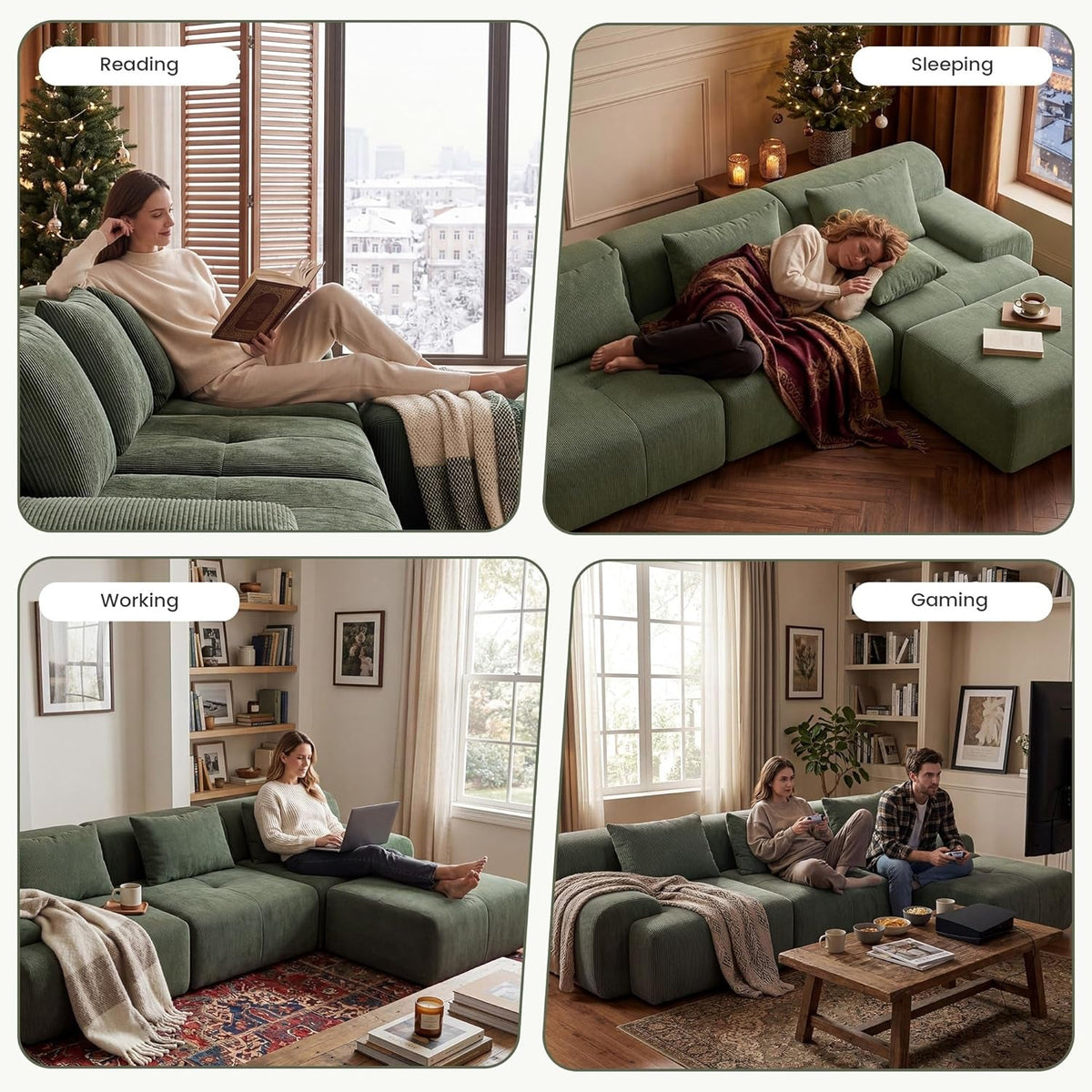 Green Corduroy 108 Inch Luxurious Sectional Sofa Set by ShipItFurniture