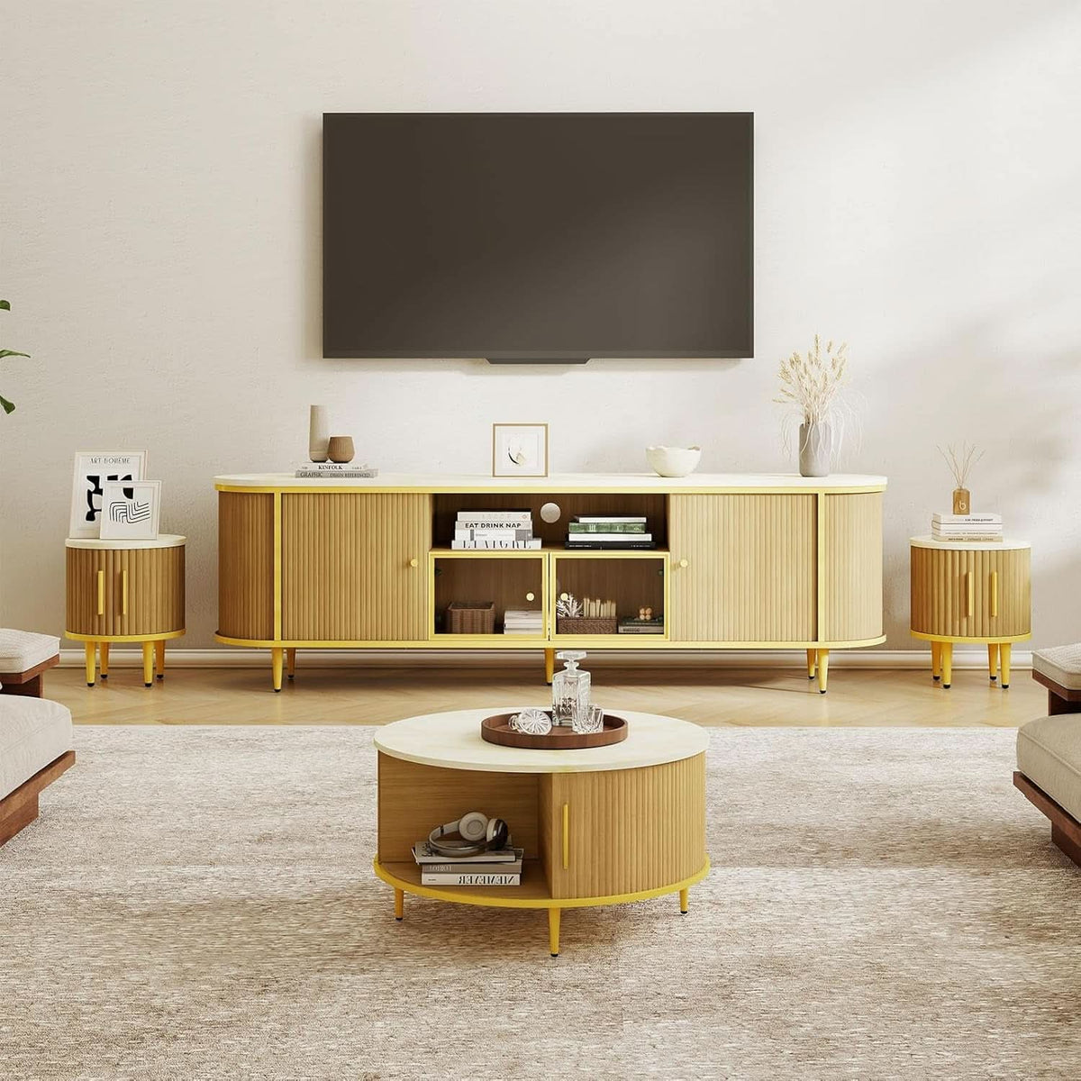 Fluted SeventyInch TV Console Set Premium Wood Coated Edition by ShipItFurniture