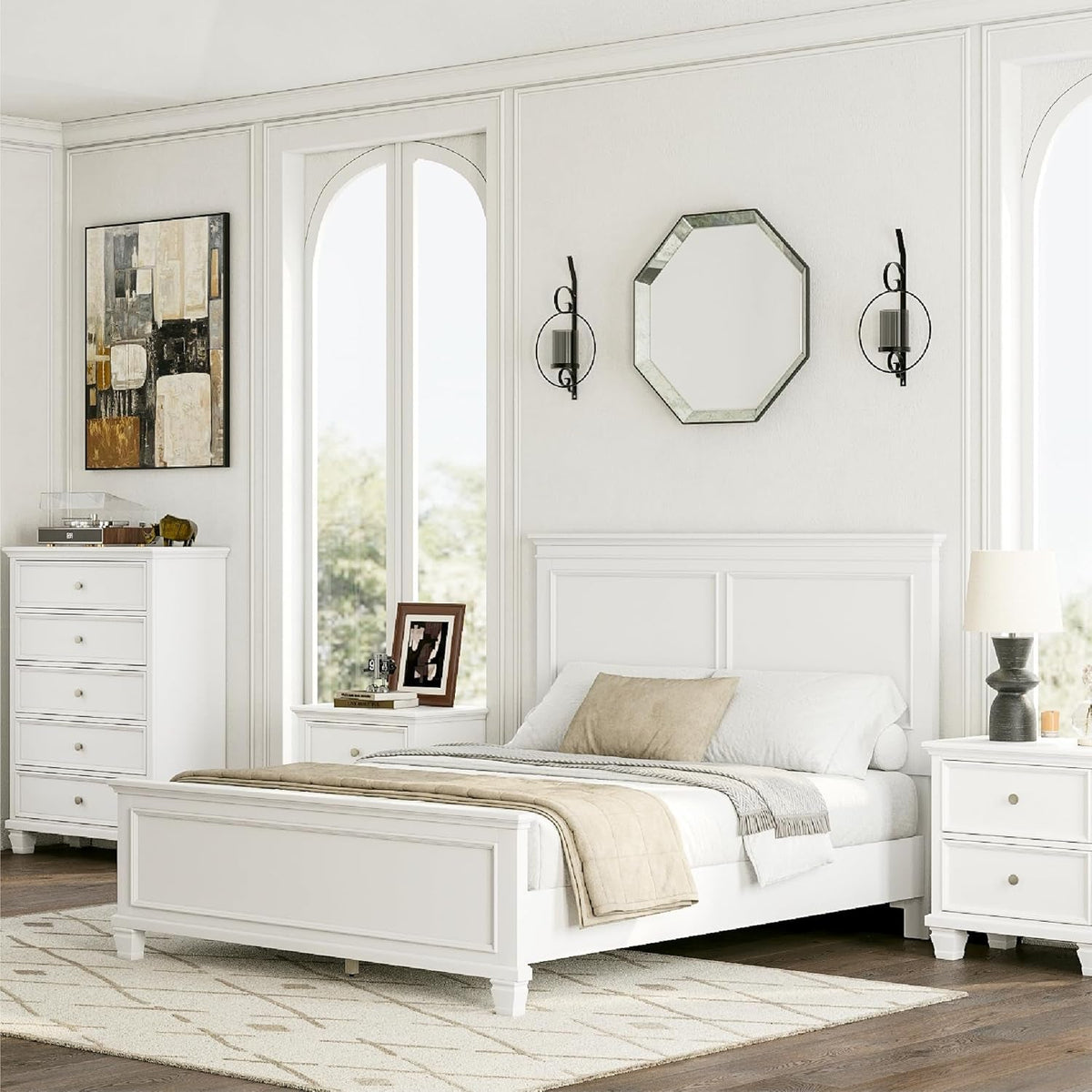 Queen Panel Bed White With Sculpted Ornate Tapered Feet by ShipItFurniture