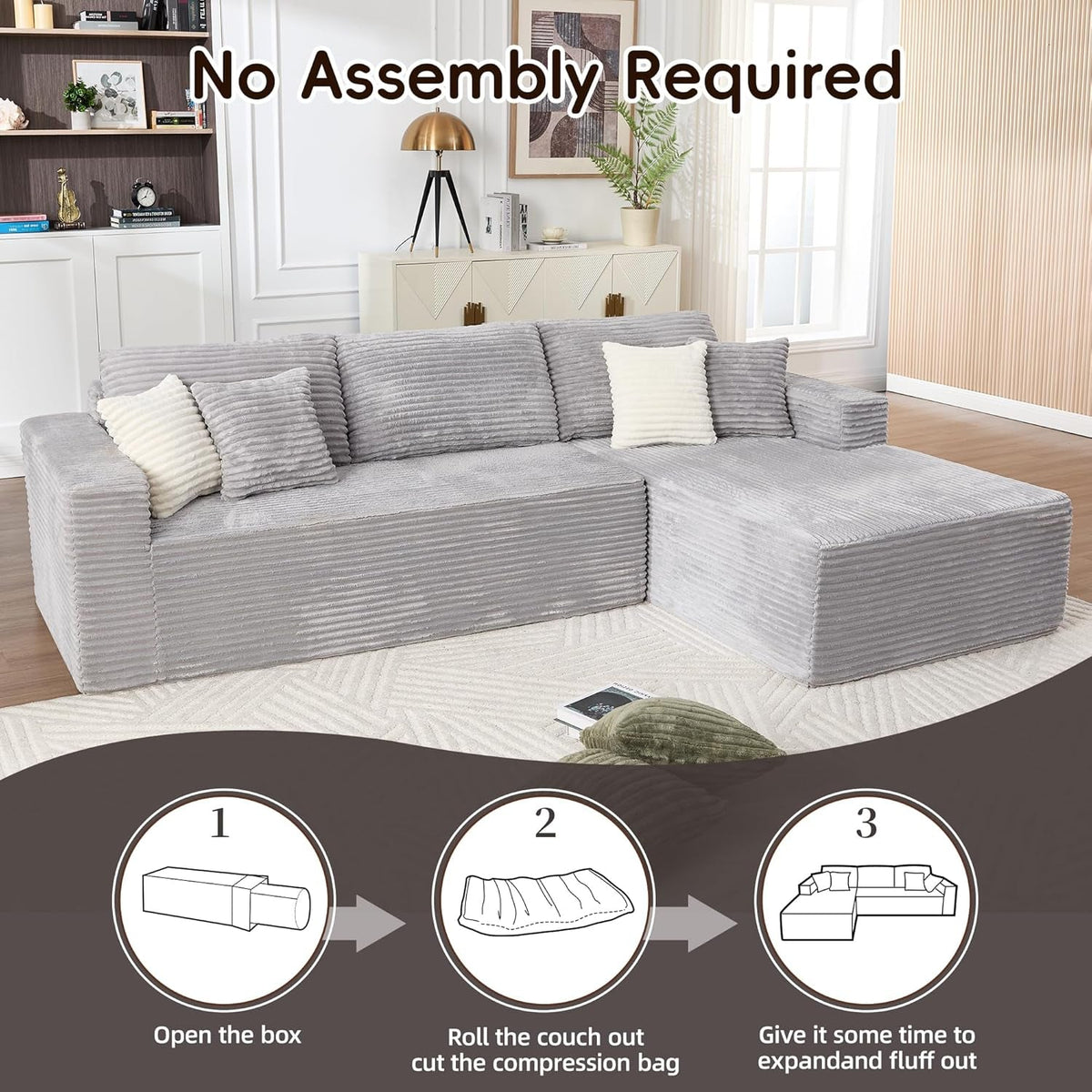 108 Inch Grey Upholstered Modular Sectional Chaise by ShipItFurniture
