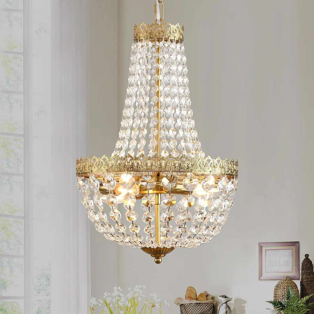 Antique Brass Crystal Chandelier Four Light Pendant by ShipItFurniture